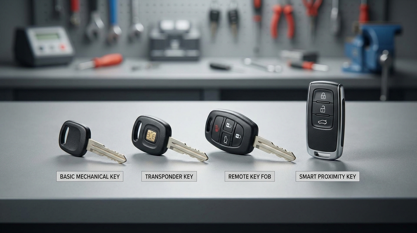 Side-by-side comparison of four car key types: basic metal key, transponder key, flip key and smart fob